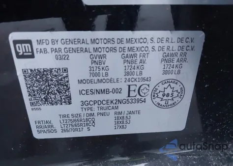 2022 Chevrolet Silverado 1500 Custom Trail Boss z USA, uszkodzony, nr VIN 3GCPDCEK2NG533954